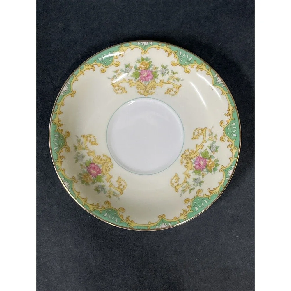 1930s Noritake Tiffany M Teacup Saucer Plate 4 Pc Set Gold Trim Ivory Aqua Beige